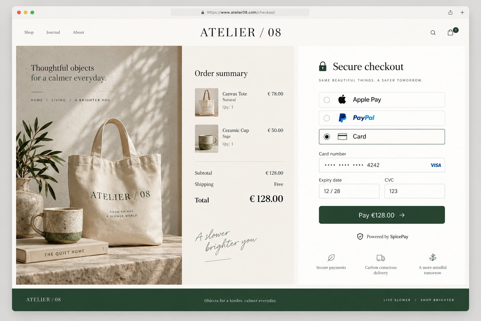 Illustrative SpicePay checkout design in forest green and ivory